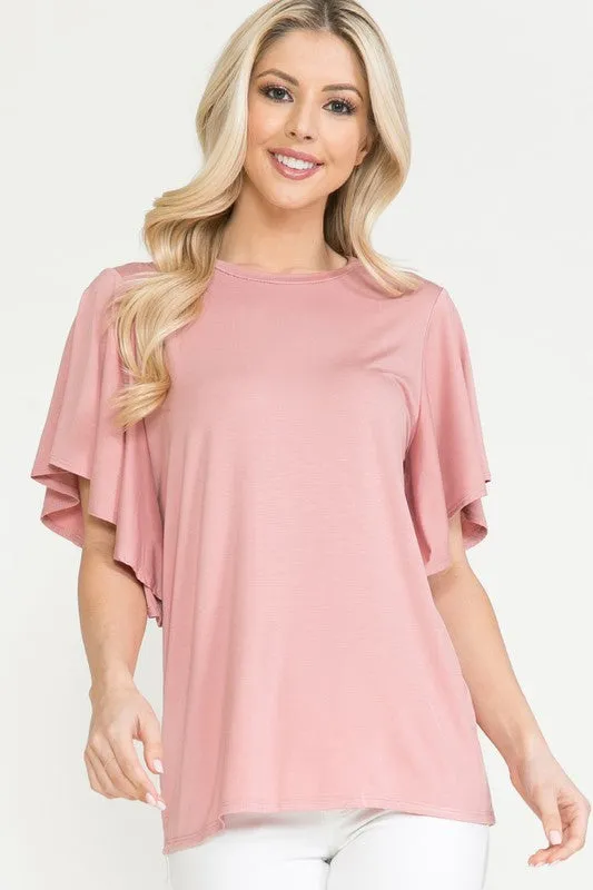 Plus Solid Short Butterfly Sleeve Round Neck Top