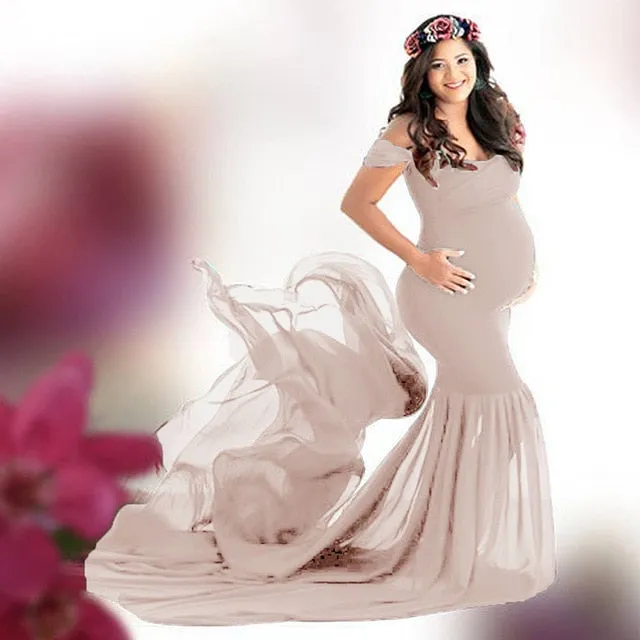 Pregnancy Cloth Cotton-Chiffon Maternity Off Shoulder Gown-Dress