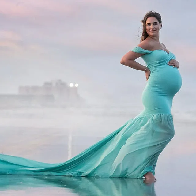 Pregnancy Cloth Cotton-Chiffon Maternity Off Shoulder Gown-Dress