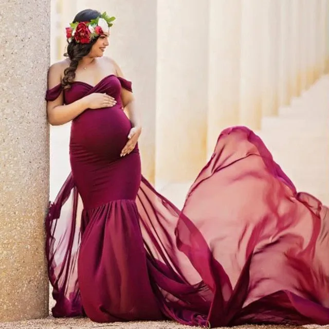 Pregnancy Cloth Cotton-Chiffon Maternity Off Shoulder Gown-Dress
