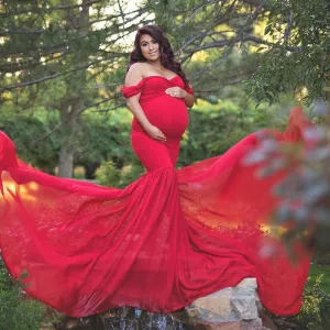 Pregnancy Cloth Cotton-Chiffon Maternity Off Shoulder Gown-Dress