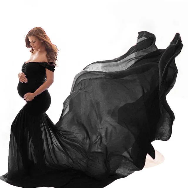 Pregnancy Cloth Cotton-Chiffon Maternity Off Shoulder Gown-Dress