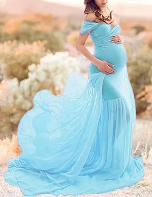 Pregnancy Cloth Cotton-Chiffon Maternity Off Shoulder Gown-Dress