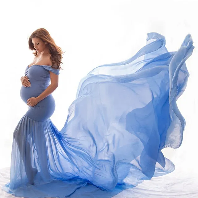 Pregnancy Cloth Cotton-Chiffon Maternity Off Shoulder Gown-Dress