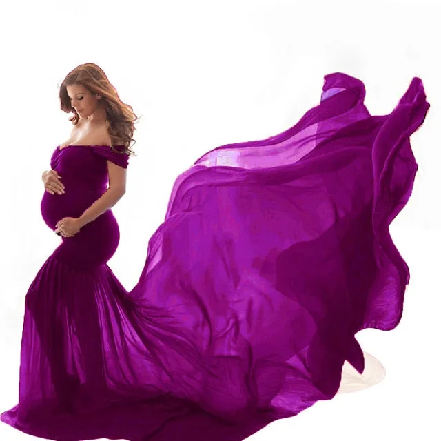 Pregnancy Cloth Cotton-Chiffon Maternity Off Shoulder Gown-Dress