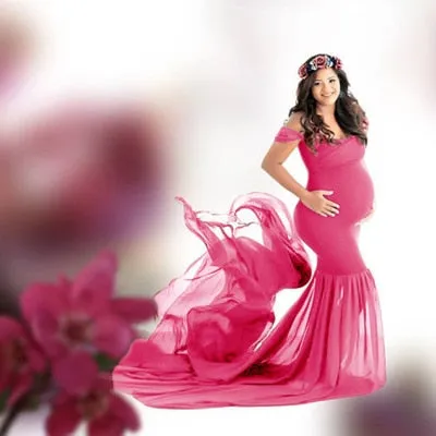 Pregnancy Cloth Cotton-Chiffon Maternity Off Shoulder Gown-Dress