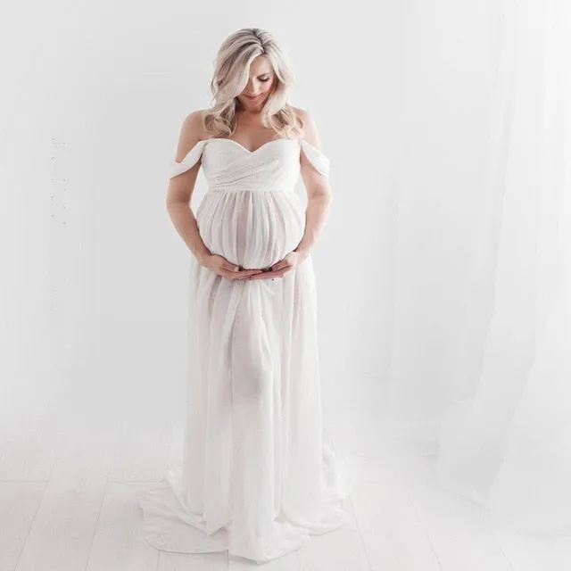 Pregnancy Cloth Cotton-Chiffon Maternity Off Shoulder Gown-Dress