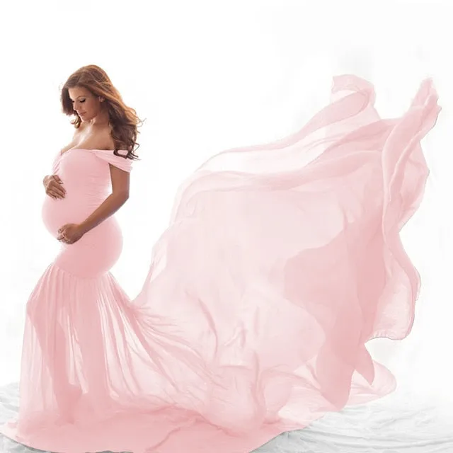 Pregnancy Cloth Cotton-Chiffon Maternity Off Shoulder Gown-Dress