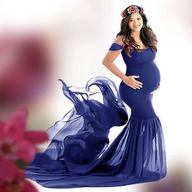 Pregnancy Cloth Cotton-Chiffon Maternity Off Shoulder Gown-Dress