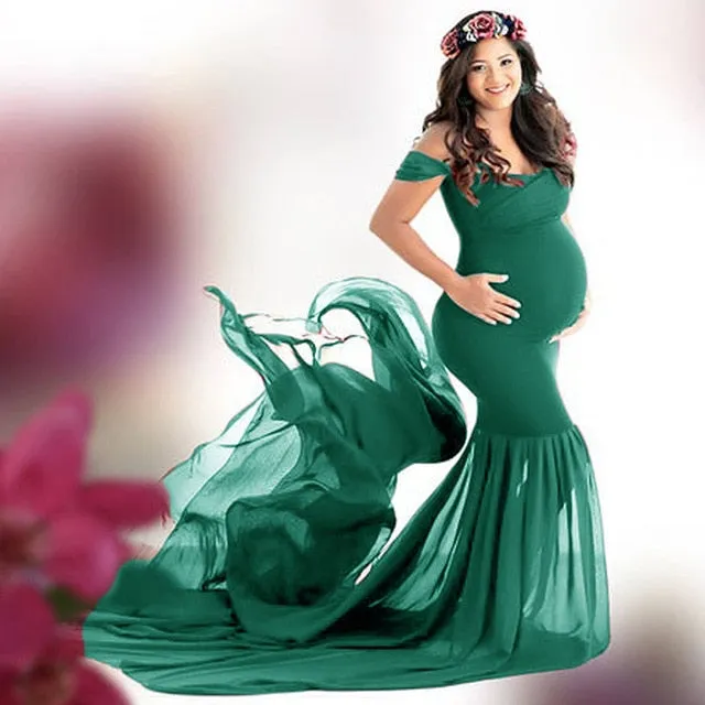Pregnancy Cloth Cotton-Chiffon Maternity Off Shoulder Gown-Dress