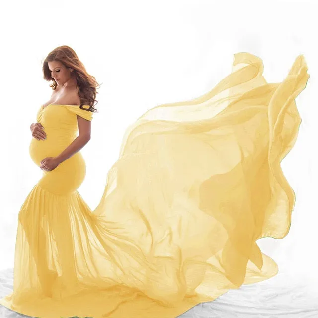 Pregnancy Cloth Cotton-Chiffon Maternity Off Shoulder Gown-Dress