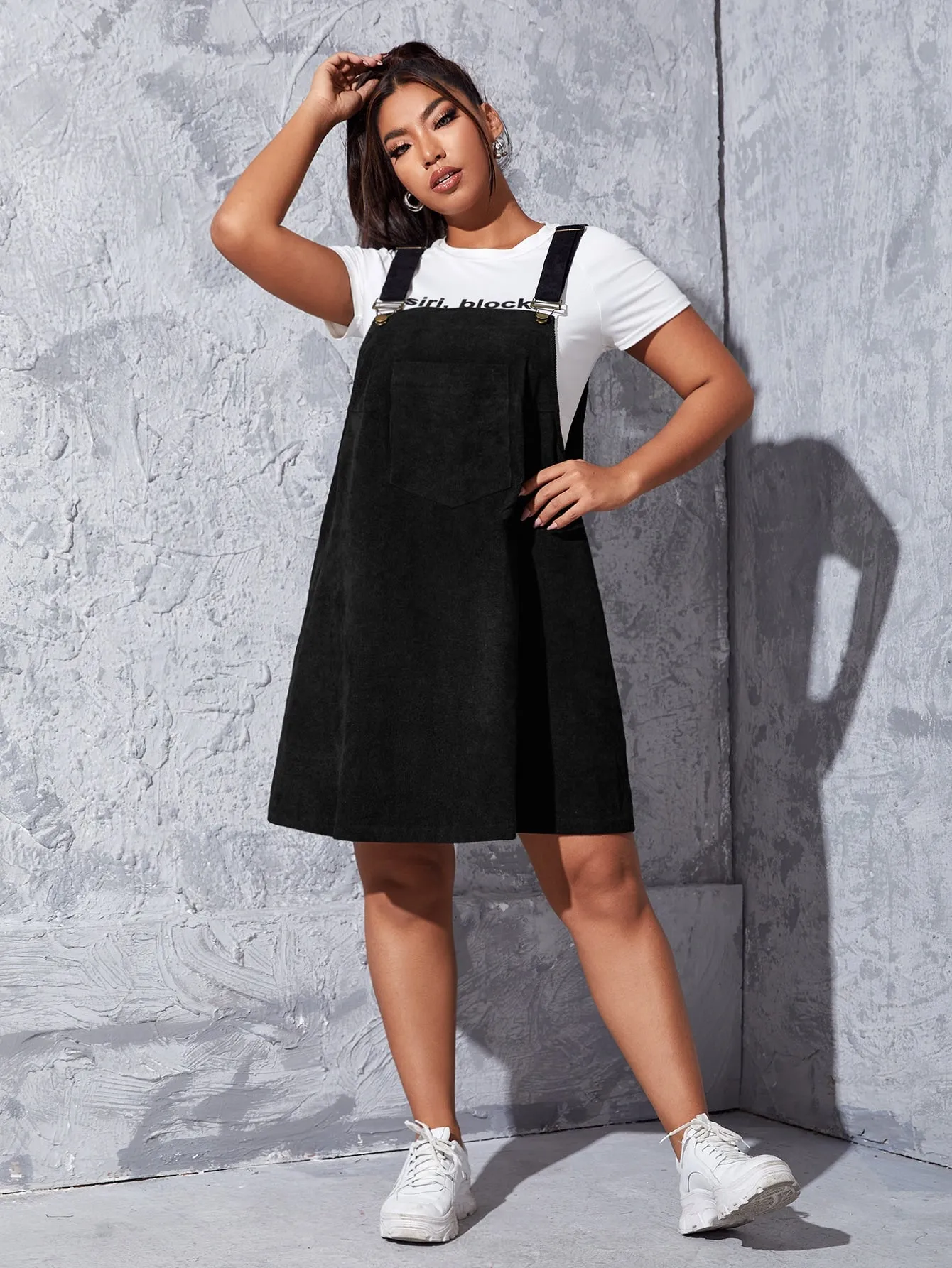 Preppy Plain Pocket Sleeveless Straps Straight High Waist Short Plus Size Dress