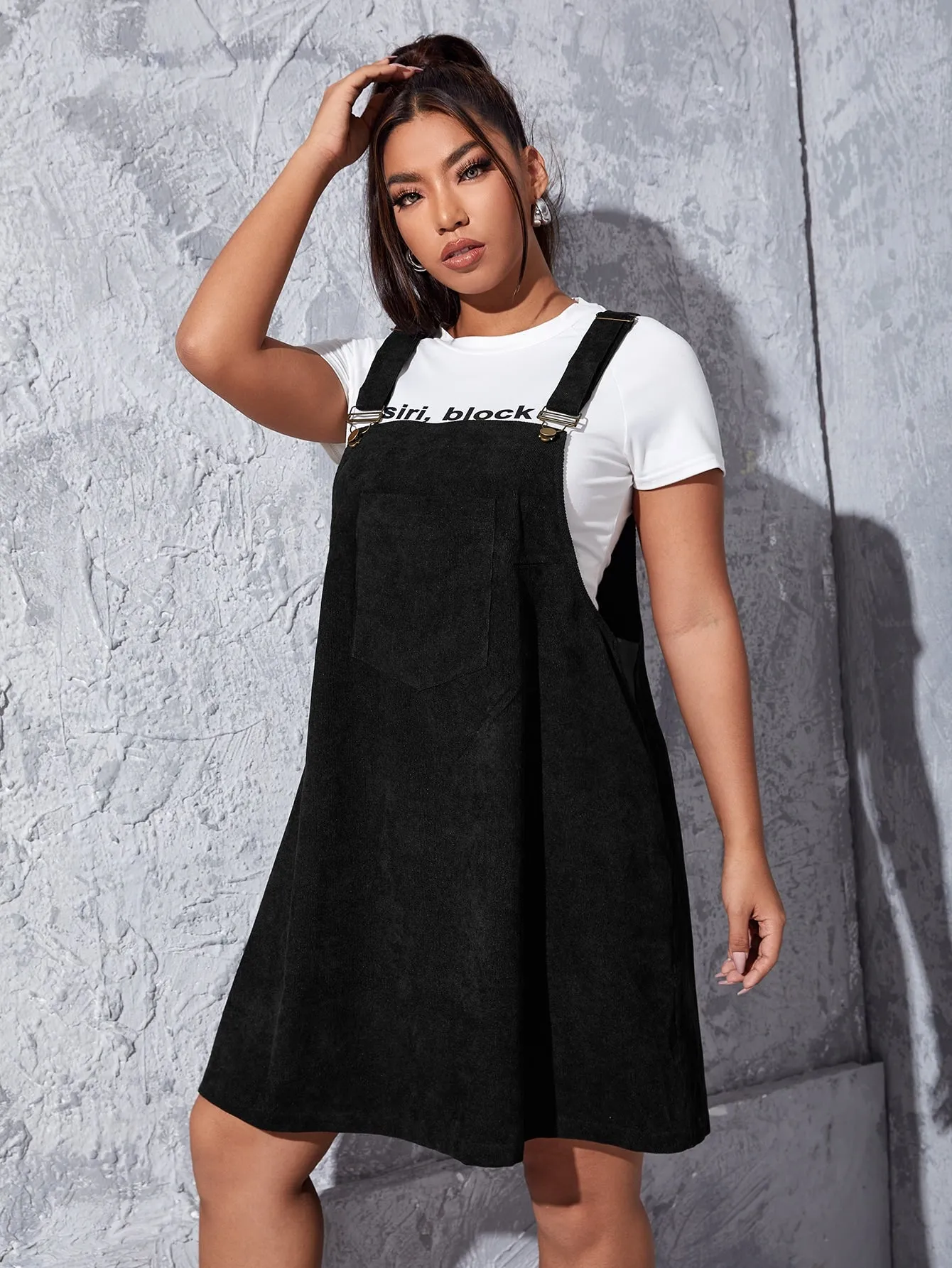 Preppy Plain Pocket Sleeveless Straps Straight High Waist Short Plus Size Dress
