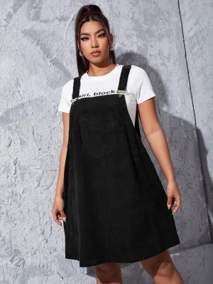 Preppy Plain Pocket Sleeveless Straps Straight High Waist Short Plus Size Dress