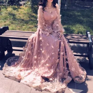Princess Long Sleeves Flower Formal Evening Sweetheart Sexy Beach Prom Evening Dress