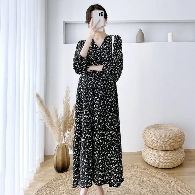 Printed maternity chiffon dress-suitable for Spring/Autumn