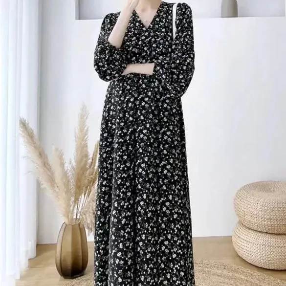 Printed maternity chiffon dress-suitable for Spring/Autumn