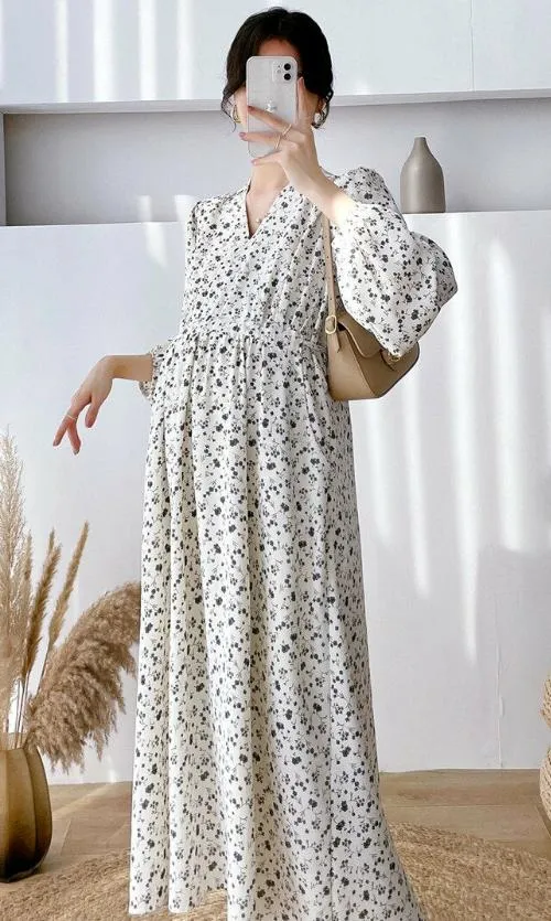 Printed maternity chiffon dress-suitable for Spring/Autumn