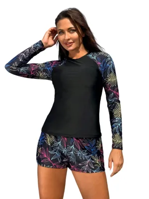 Printed Raglan Sleeve Swimsuit