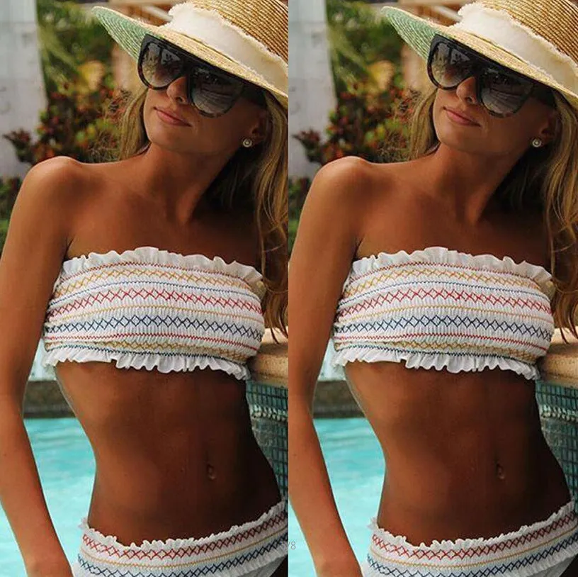 Printed White Sexy Elastic Pleated Wrapped Chest Split Swimsuit Set