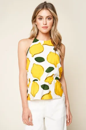 Pucker Up White Lemon Print Halter Top