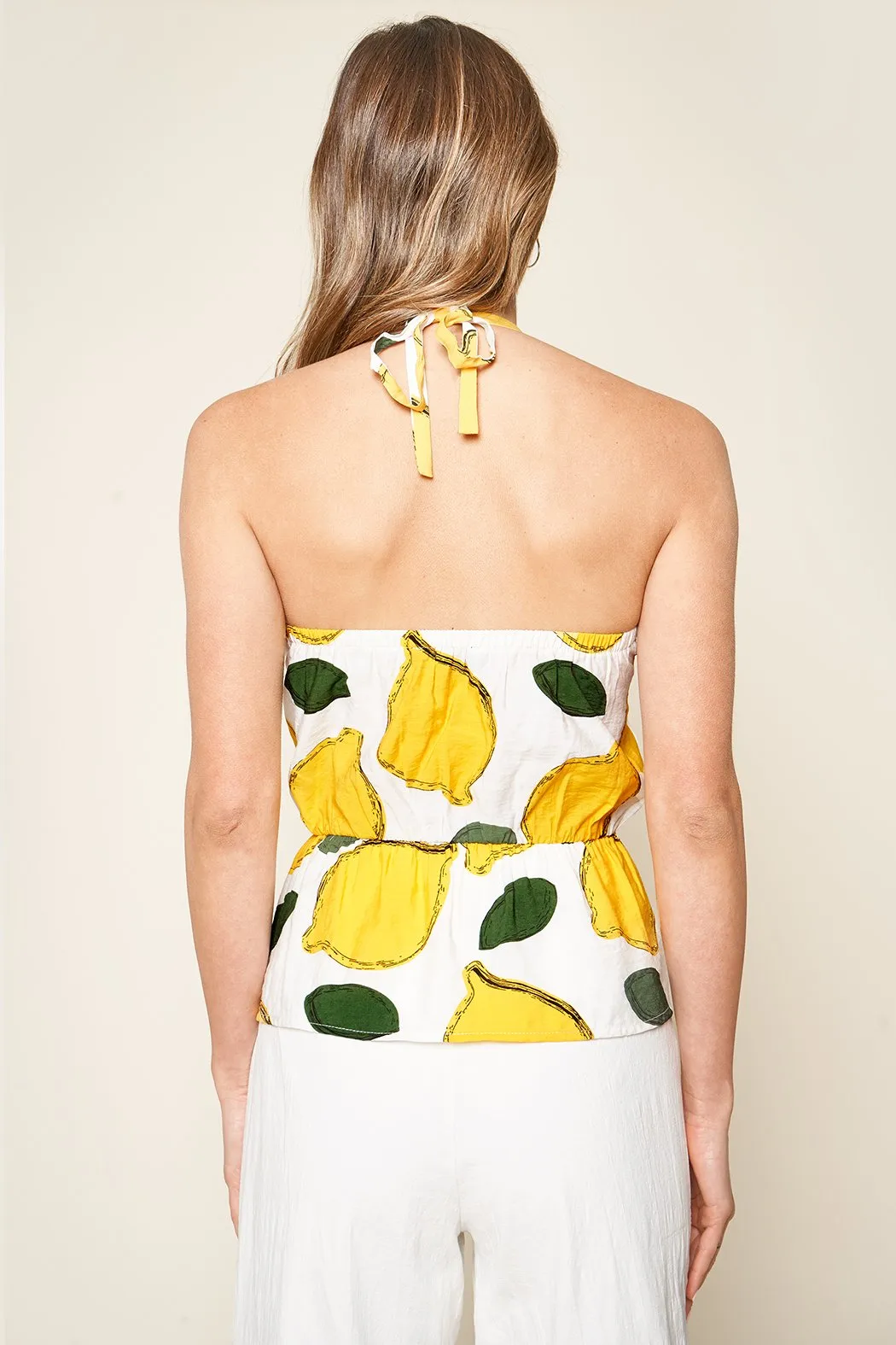 Pucker Up White Lemon Print Halter Top