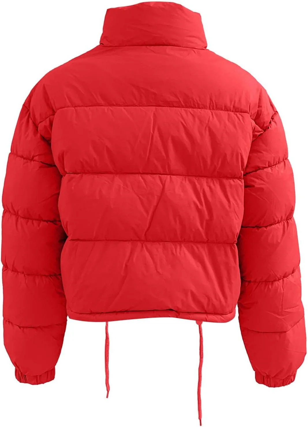 Puffer Jacket for Women Long Sleeve High Neck Full Zip Up Plain Short Down Coat Loose Fit Chunky Drawstring Lapel Crop Length