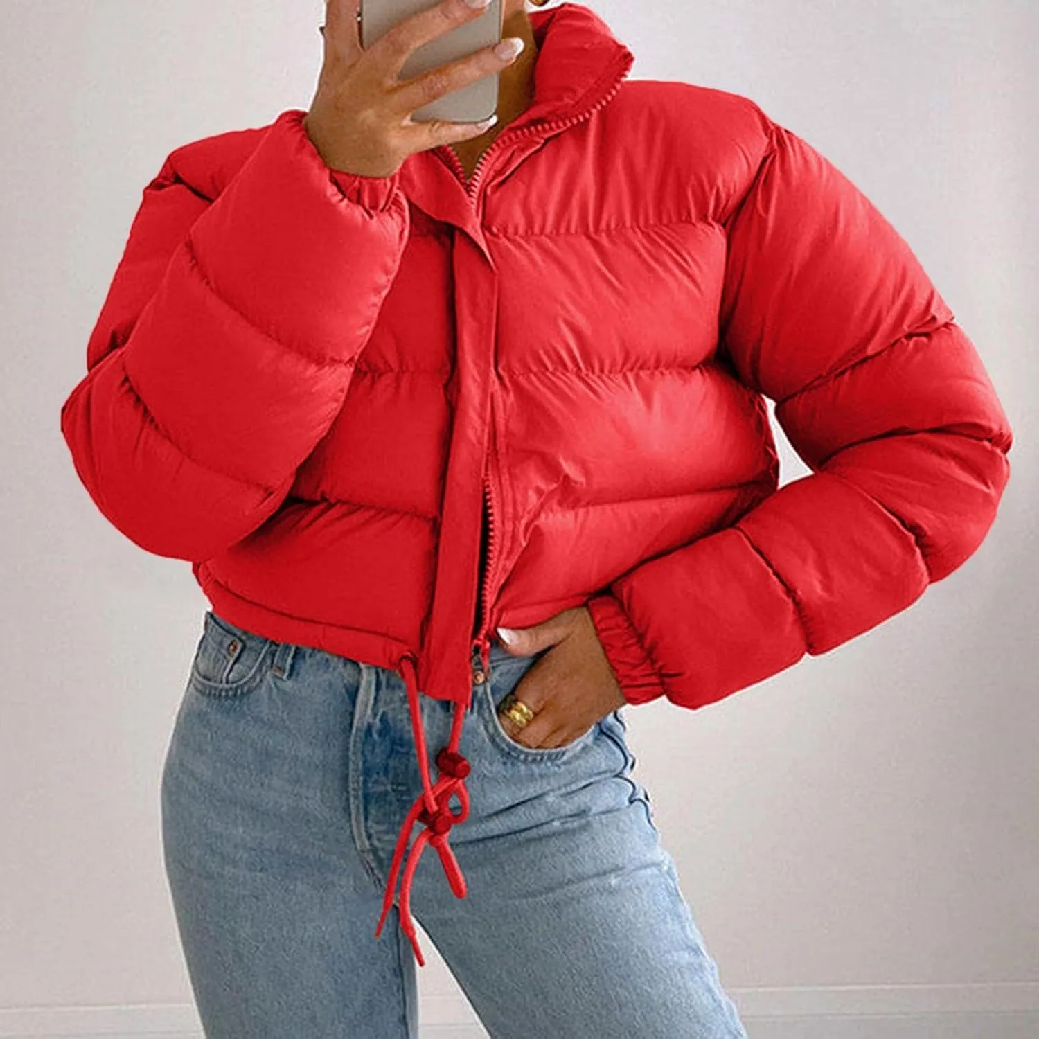 Puffer Jacket for Women Long Sleeve High Neck Full Zip Up Plain Short Down Coat Loose Fit Chunky Drawstring Lapel Crop Length