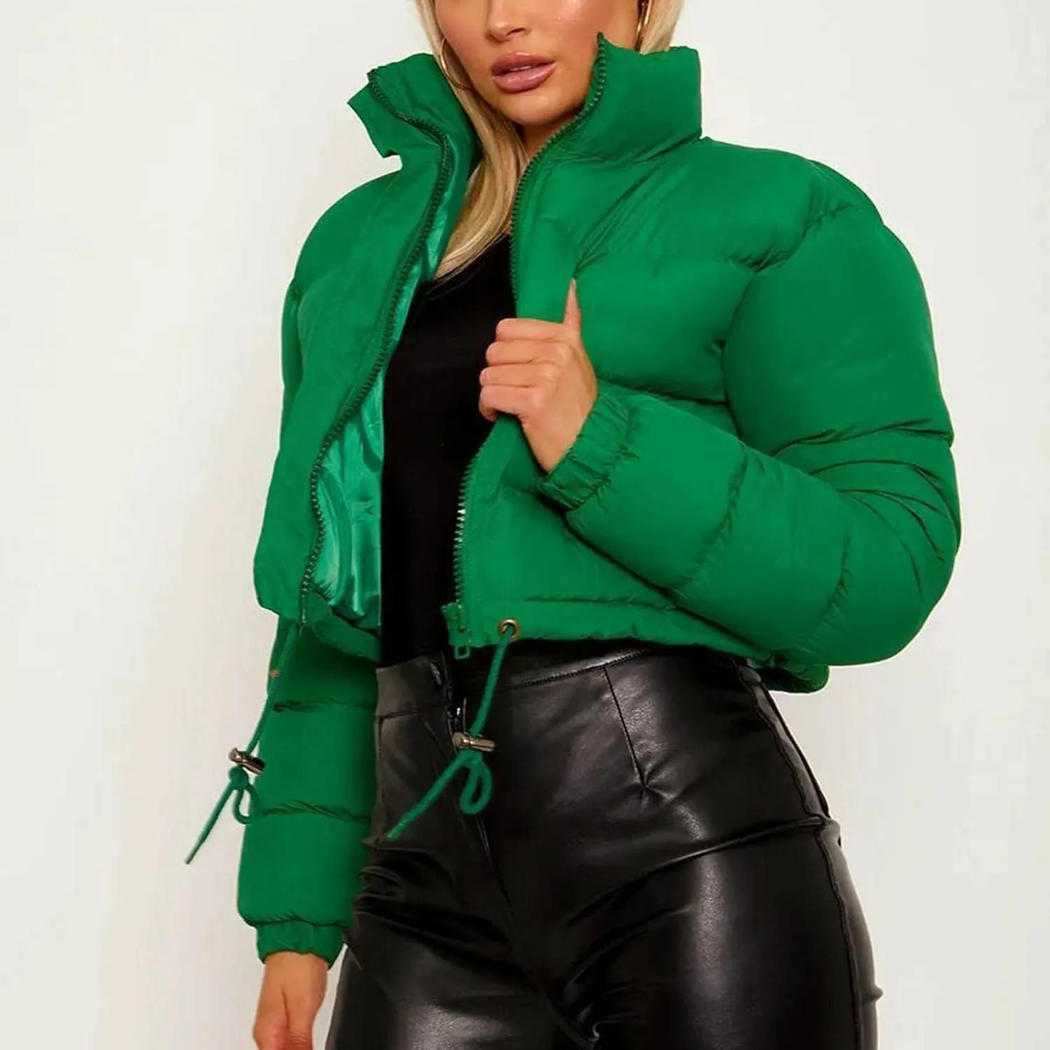Puffer Jacket for Women Long Sleeve High Neck Full Zip Up Plain Short Down Coat Loose Fit Chunky Drawstring Lapel Crop Length