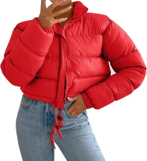 Puffer Jacket for Women Long Sleeve High Neck Full Zip Up Plain Short Down Coat Loose Fit Chunky Drawstring Lapel Crop Length