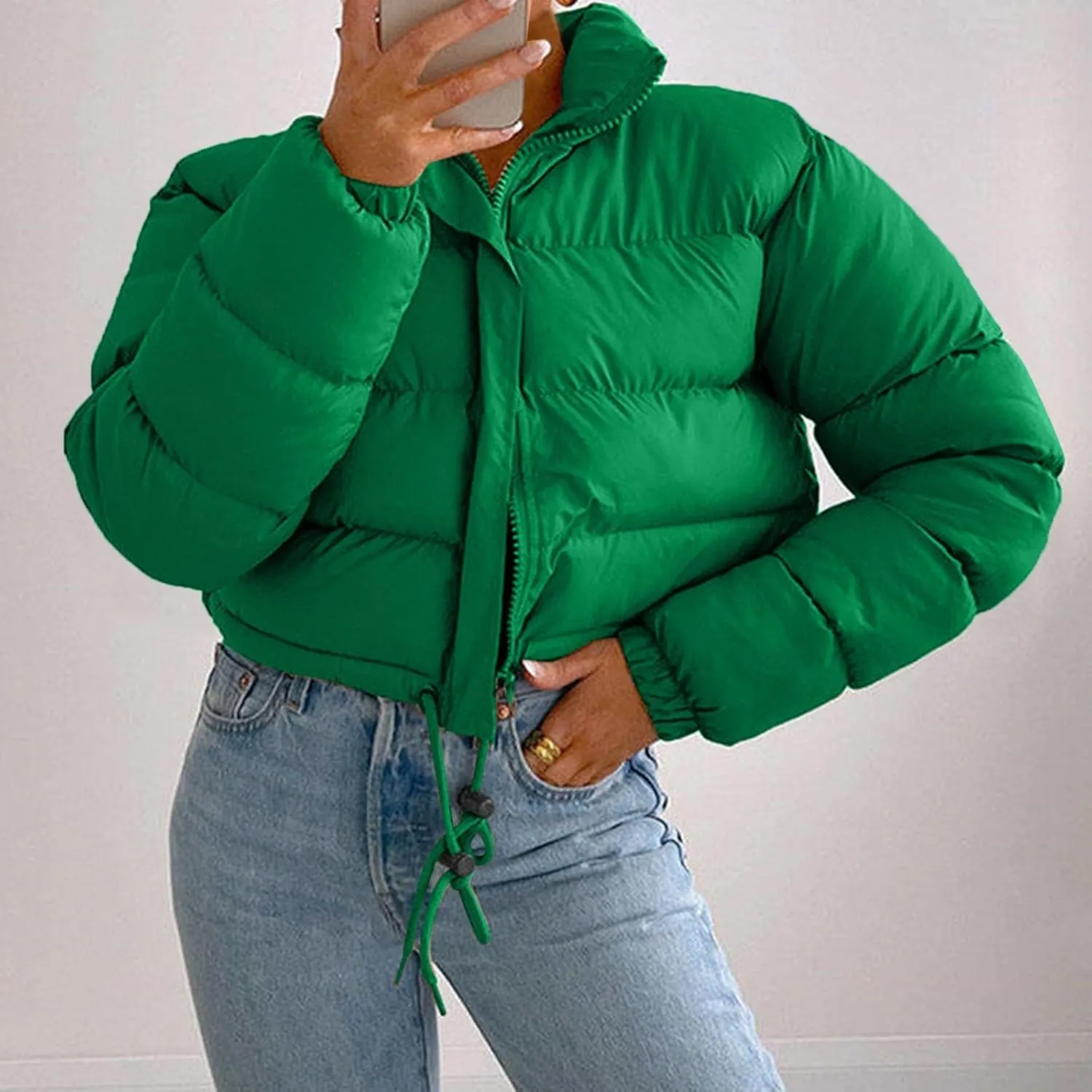 Puffer Jacket for Women Long Sleeve High Neck Full Zip Up Plain Short Down Coat Loose Fit Chunky Drawstring Lapel Crop Length