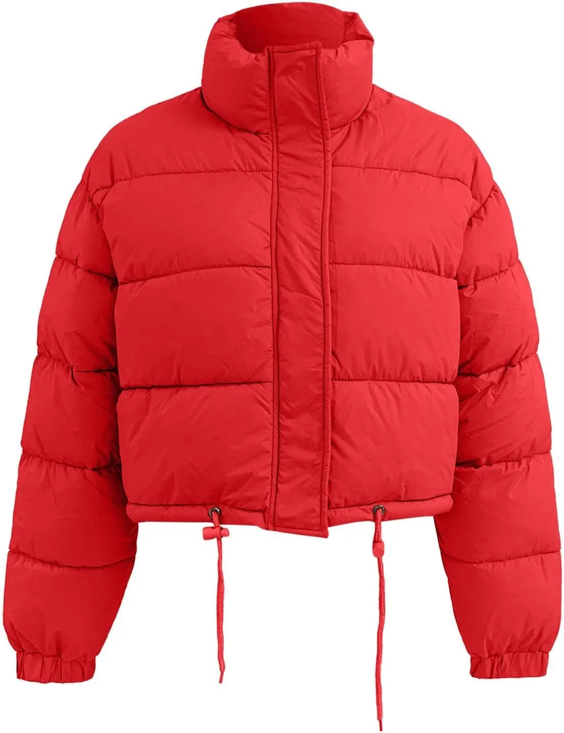 Puffer Jacket for Women Long Sleeve High Neck Full Zip Up Plain Short Down Coat Loose Fit Chunky Drawstring Lapel Crop Length