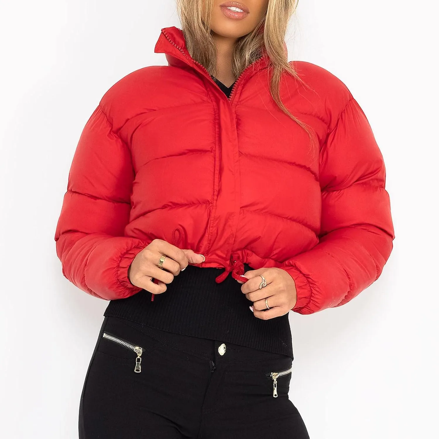 Puffer Jacket for Women Long Sleeve High Neck Full Zip Up Plain Short Down Coat Loose Fit Chunky Drawstring Lapel Crop Length