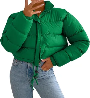 Puffer Jacket for Women Long Sleeve High Neck Full Zip Up Plain Short Down Coat Loose Fit Chunky Drawstring Lapel Crop Length