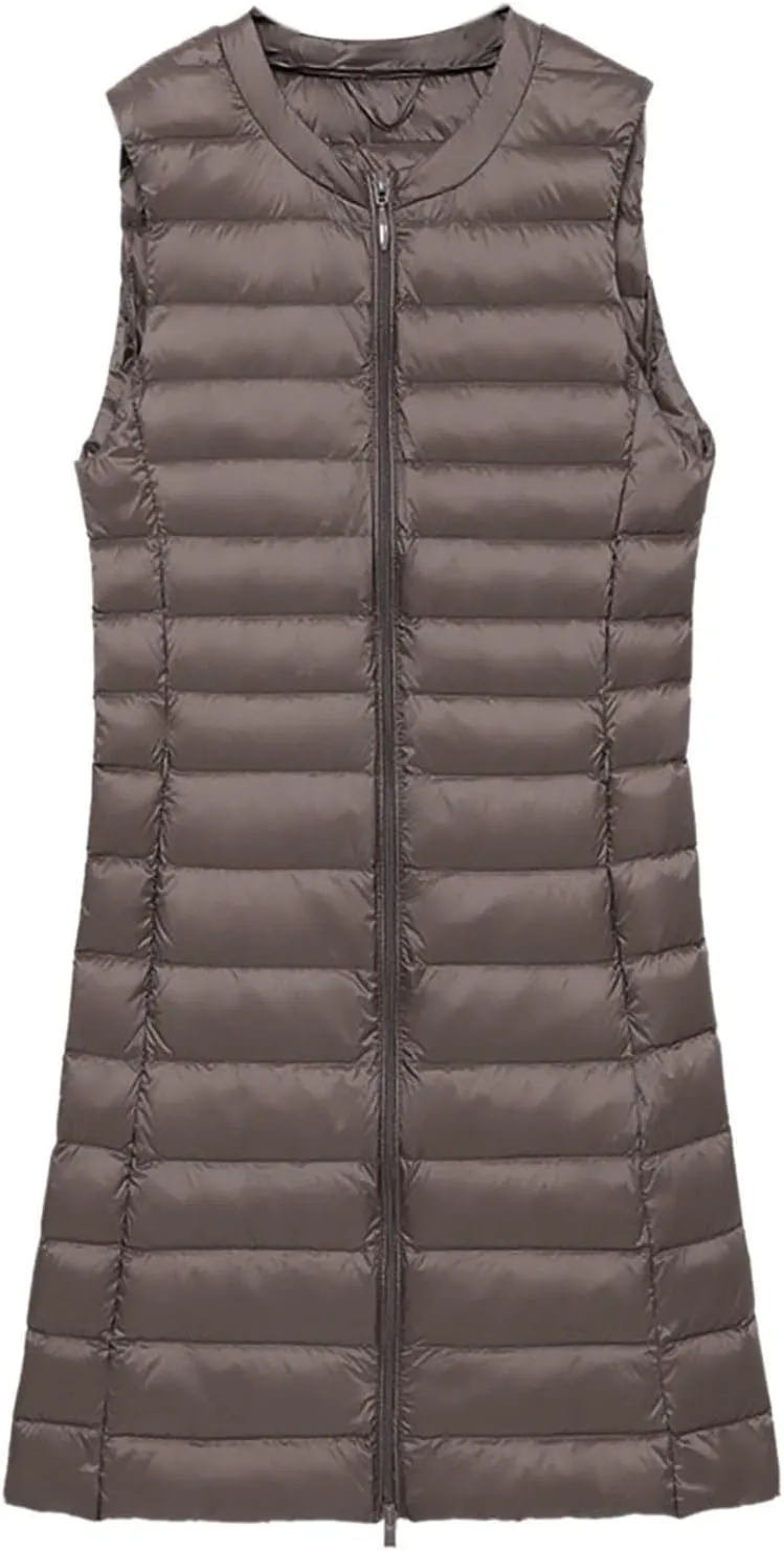 Puffer Vest for Women Sleeveless Round Neck Y2K Mid Length Full Zip Up Plain Down Coat Jacket Autumn Thin Casual with Pocket
