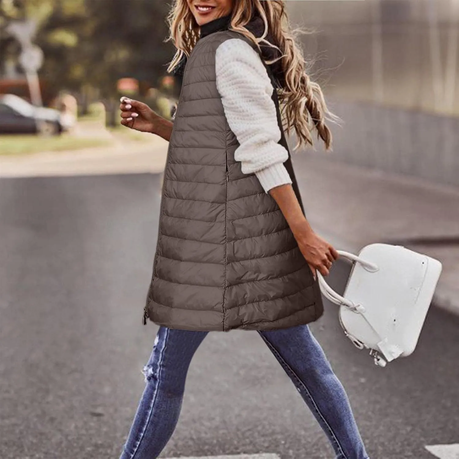 Puffer Vest for Women Sleeveless Round Neck Y2K Mid Length Full Zip Up Plain Down Coat Jacket Autumn Thin Casual with Pocket