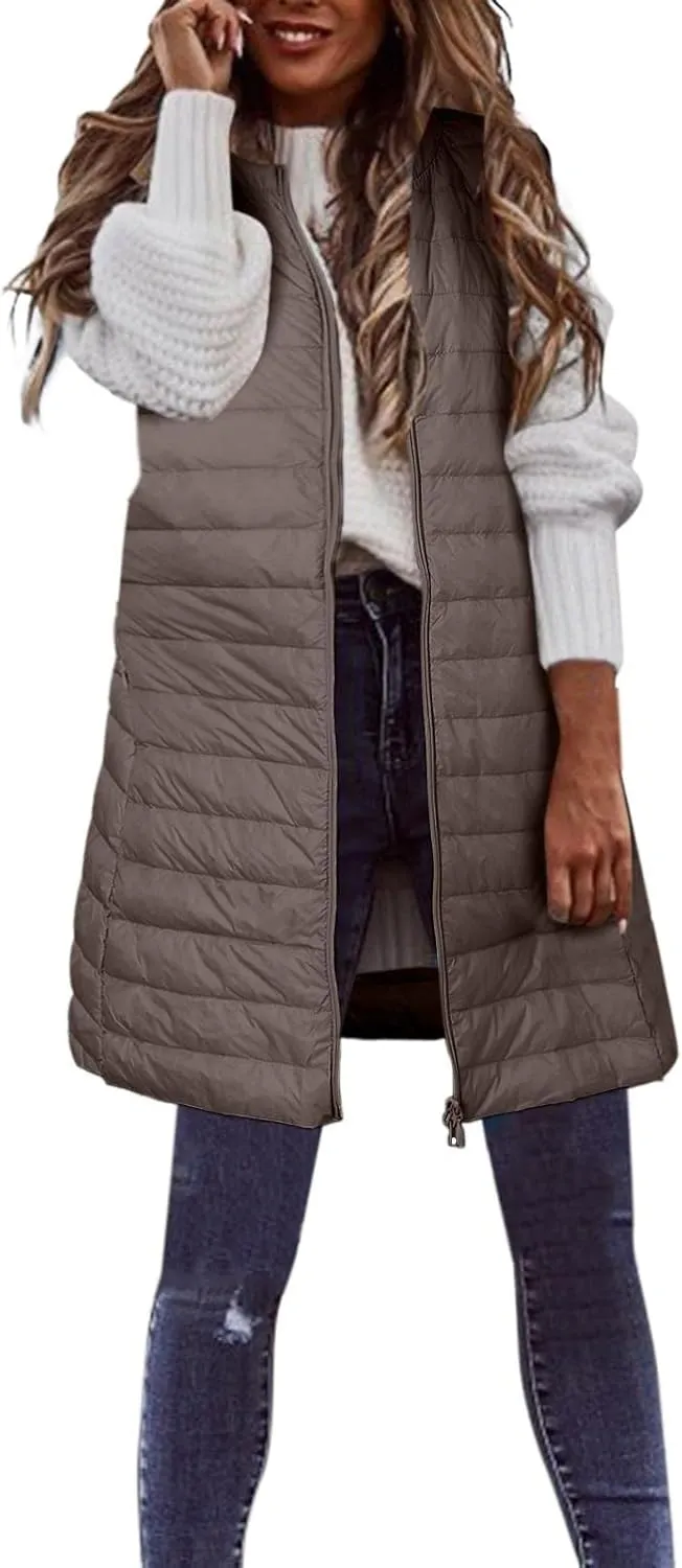 Puffer Vest for Women Sleeveless Round Neck Y2K Mid Length Full Zip Up Plain Down Coat Jacket Autumn Thin Casual with Pocket