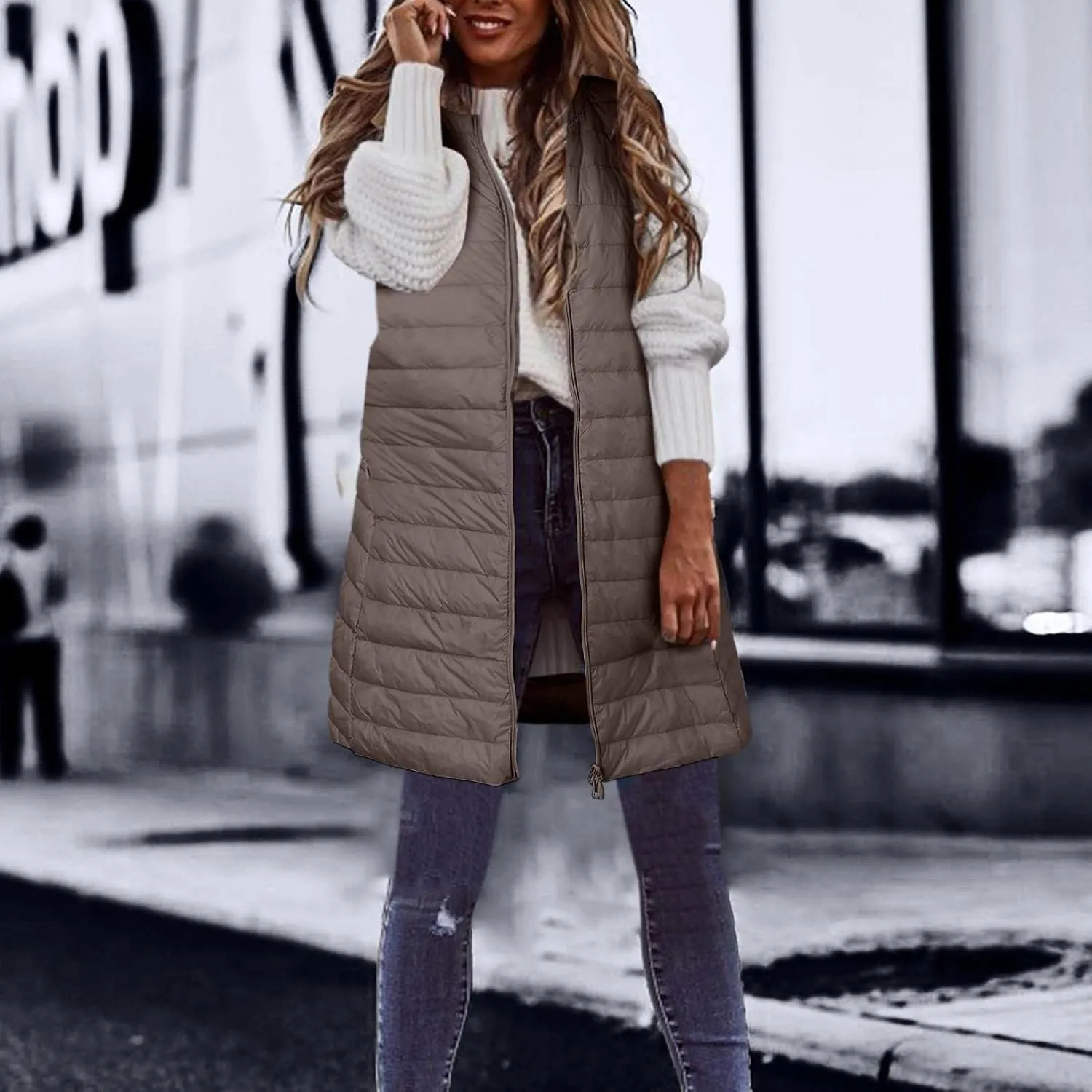 Puffer Vest for Women Sleeveless Round Neck Y2K Mid Length Full Zip Up Plain Down Coat Jacket Autumn Thin Casual with Pocket
