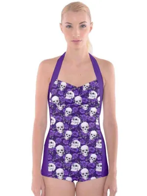 Purple Roses and Skulls Boyleg Halter Swimsuit