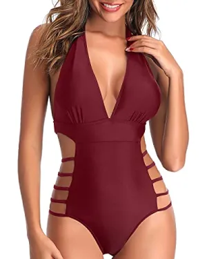 Push-Up Bra Removable One Piece Swimsuits Backless One Piece Swimsuits-Maroon
