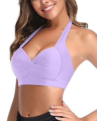 Push Up Halter Retro Bathing Suit Top-Light Purple
