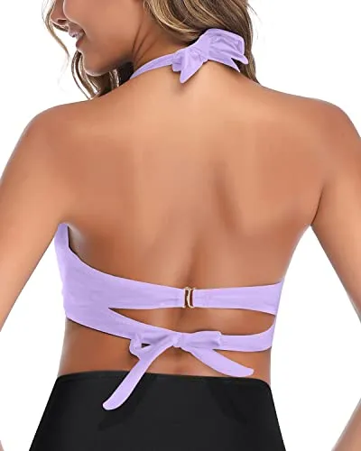 Push Up Halter Retro Bathing Suit Top-Light Purple