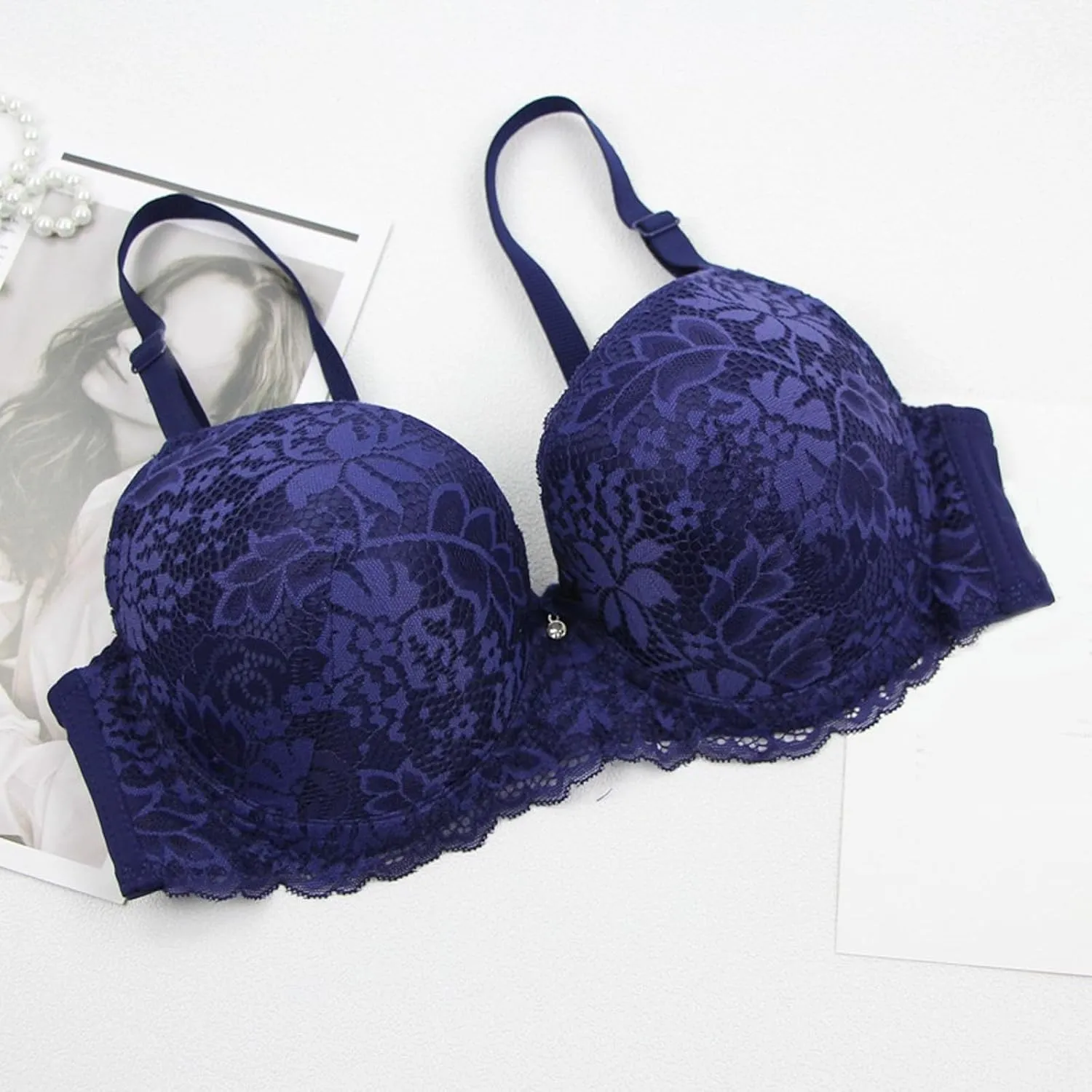 Push Up Lace Bra for Women Gather Comfortable Sexy Padded Bras Summer New V Neck Adjustable Straps Everyday Bralette