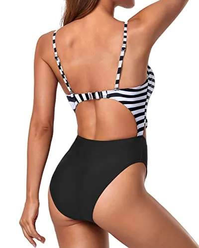 Push Up Removable Padded Bras Monokini Sexy One Piece Swimsuits-Black And White Stripe
