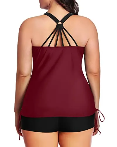 Pushup Bra Tighten Drawstring Plus Size Tankini Swimsuit-Maroon