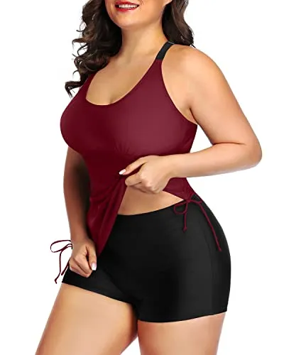 Pushup Bra Tighten Drawstring Plus Size Tankini Swimsuit-Maroon