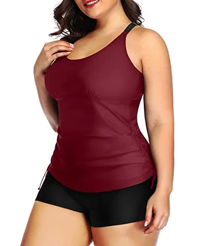 Pushup Bra Tighten Drawstring Plus Size Tankini Swimsuit-Maroon