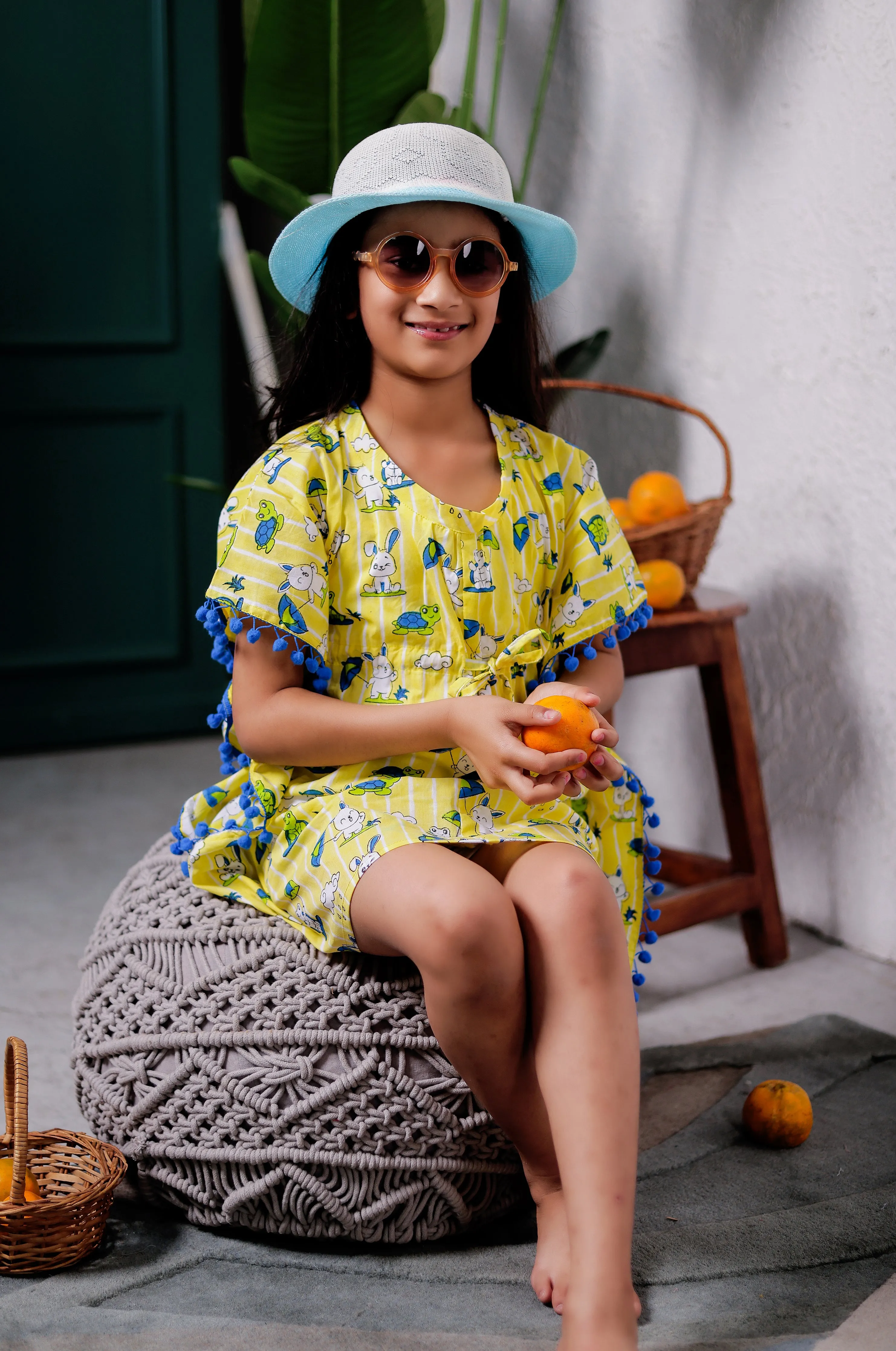 Rabbit and Turtle Yellow cotton kaftan dress  for girls | Cotton dress for kids