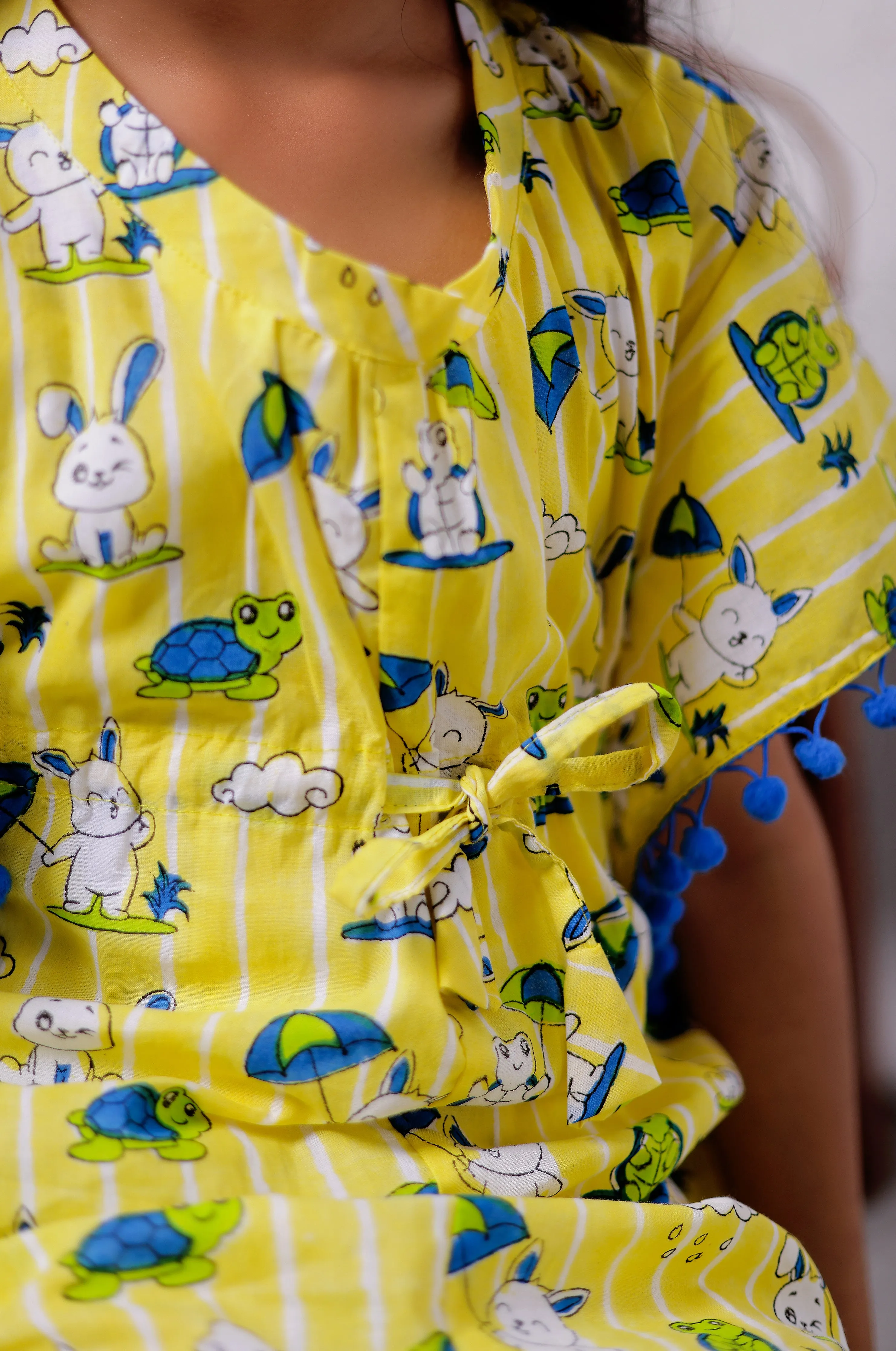 Rabbit and Turtle Yellow cotton kaftan dress  for girls | Cotton dress for kids