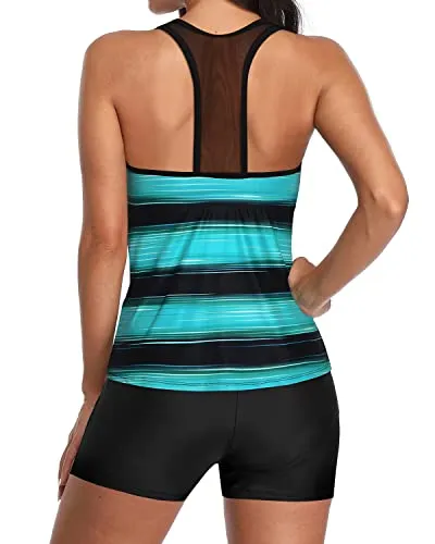 Racerback Athletic Tankini Set With Tummy Control Swimsuits-Green Stripe